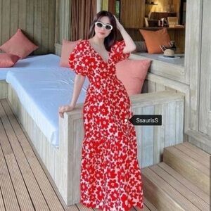 Zara puff sleeve red floral maxi dress